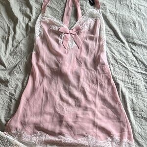 Adore Me Sheer Pink Lace-Trim Slip Dress